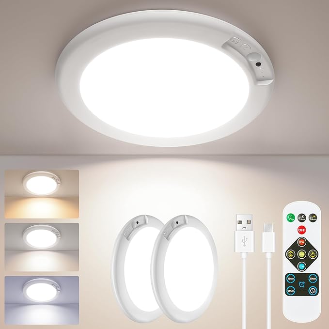 SunRider 2-Pack Rechargeable Motion Sensor LED Ceiling Light with Remote, Wireless Battery Operated 3CCT Dimmable Closet Lights for Shower Pantry