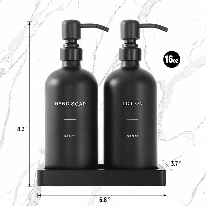 Prus Waso Black Soap Dispenser Bathroom Set, Soap and Lotion Dispenser Set with Stainless Steel Pump, Perfect for Bathroom Decor. (Black)