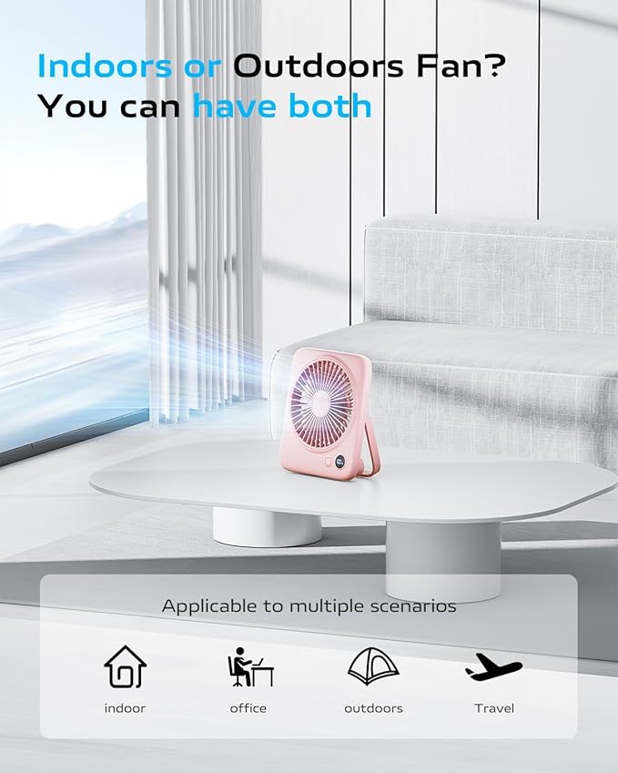 Otlonpe Portable Desk Fan 6.5 Inch, 4000mAh Rechargeable Battery Operated & USB Powered, 23Hrs Cordless Small Personal Fan 4-Speed Quiet for Office Travel Home Sleeping, Led Display, Foldable (Pink)