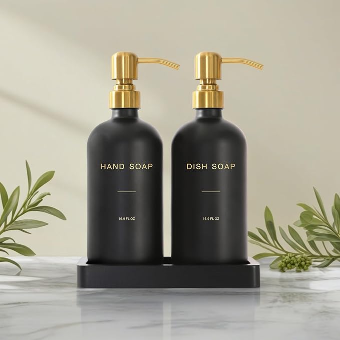Prus Waso Black Soap Dispenser for Kitchen Sink, Hand and Dish Soap Dispenser with Stainless Steel Pump, Perfect for Gold Kitchen Accessories. (Gold & Black)