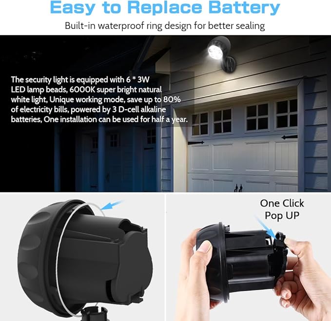 Wireless Battery Operated Motion Sensor Outdoor Light, 6 LED 1000LM LED Spotlights with Remote Control, IP65 Waterproof 6000K Motion Security Light for Garage Yard Porch and Patio