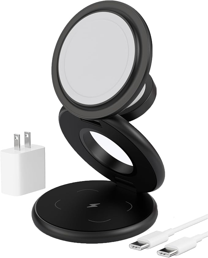KU XIU X63 3 in 1 Charging Station for Apple, Aluminum Alloy Foldable Magnetic Wireless Charger, Travel Charger for iPhone 17/16/15/14/13/12 Series, Apple Watch & AirPods(with 20W Adapter)-Black
