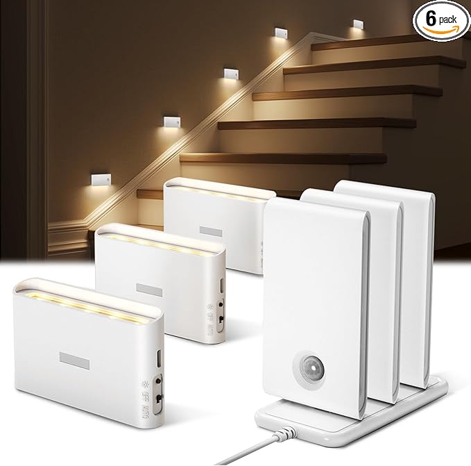 EZVALO 6 Pack Motion Sensor Night Lights with Charging Station, Sync LED Stair Lights Indoor, 1500mAh Rechargeable, Magnetic & Dimmable, 3000K Soft White, Portable Nightlight for Hallway, Stairs