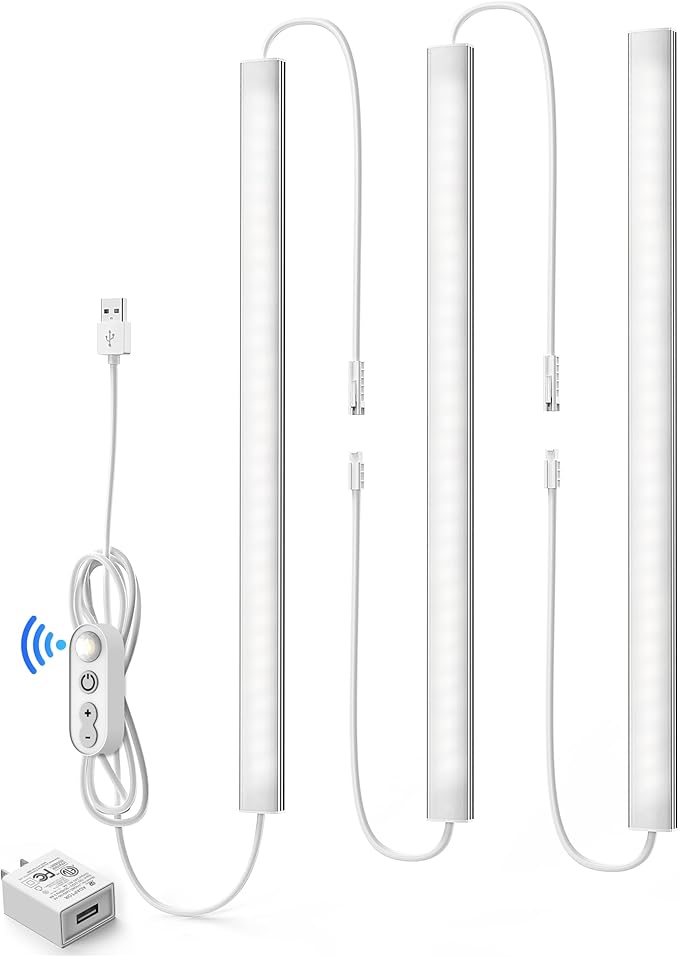 Motion Sensor Dimmable Under Cabinet Lighting, 6000K White, Plug-in, Linkable LED Closet Light Bars, 12-inch 3 Pack