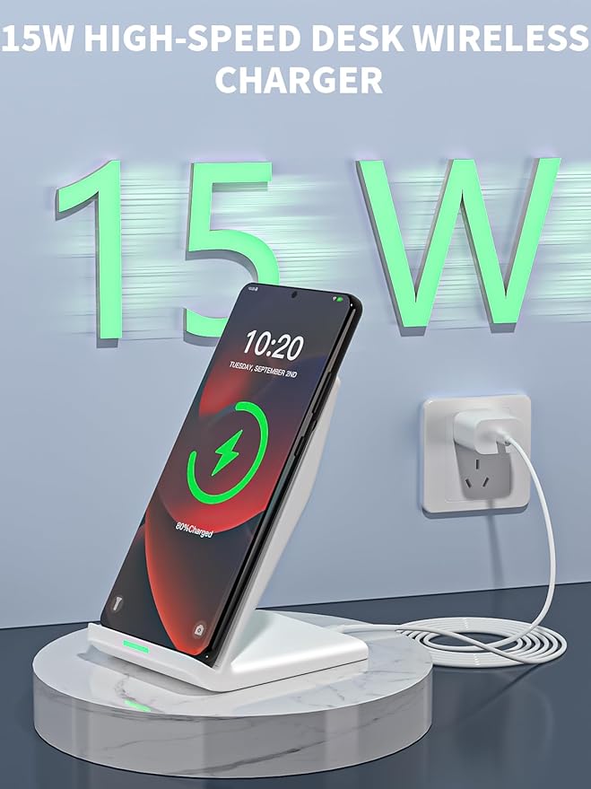 15W Wireless Phone Charger Stand,6FT Fast Android Wireless Charger Station for iPhone 17/17 Air/17 Pro Max/15/14/13, 15W Fast Charging for Samsung Galaxy S23 S22 S21 with 20W USB C Charging Block Cube