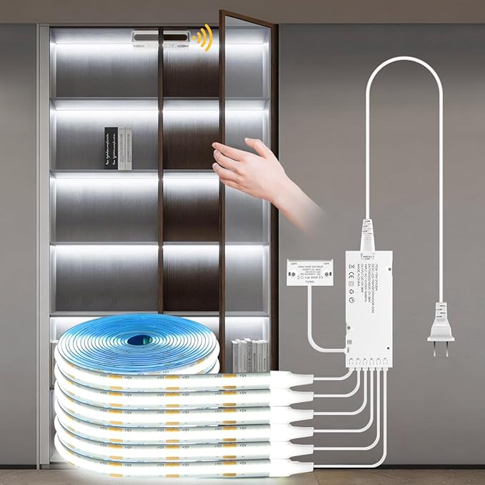 AIMENGTE 12V COB LED Cabinet Lights Strip with Dual-Door Sensor, 6 x 3.3ft Cuttable Under Cabinets Lighting for in-Cabinet, Locker, Closet, Showcase, Gun Safe (Cool White)