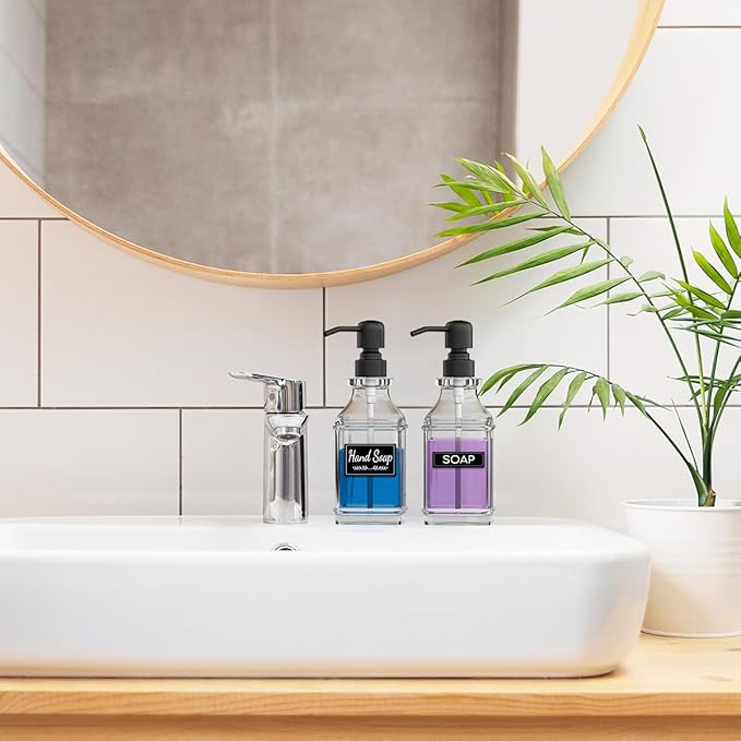 LMQML Soap Dispenser - 2 Pack, Antique Design Thick Glass Hand Soap Dispensers with Sturdy Tray; 304 Rust Proof Stainless Steel Black Pump, 12Pcs Stickers, for Kitchen, Bathroom