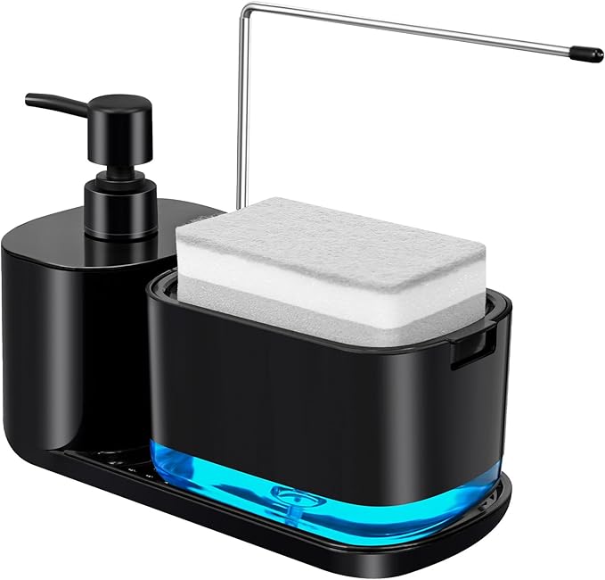 Dish Soap Dispenser Set 4-in-1 Hand Soap Dispenser with Detachable Soap Pump Sponge Holder for Kitchen Sink, Bathroom Soap Dispenser, Black