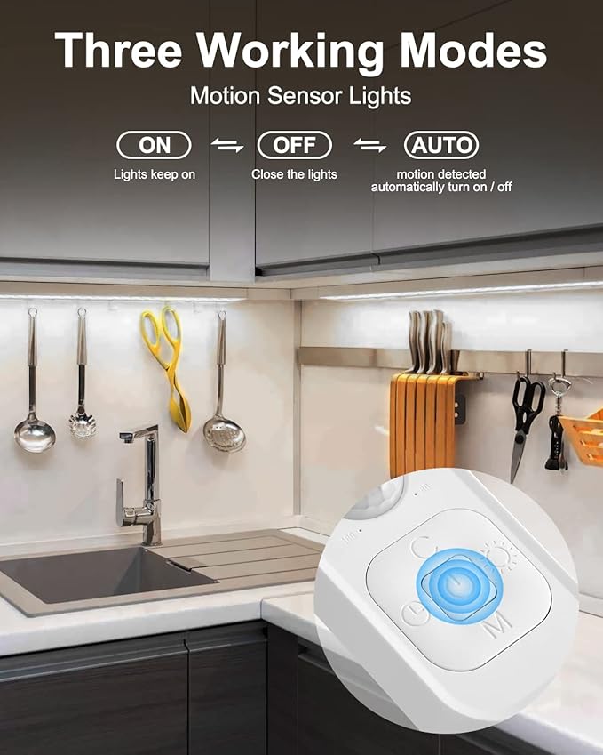 Motion Sensor LED Strip Light - Cabinet Strip Lights with 24W Plug, Dimmer, and Timing, 9.84ft for Under Cabinet, Kitchen, 6000K ColdWhite