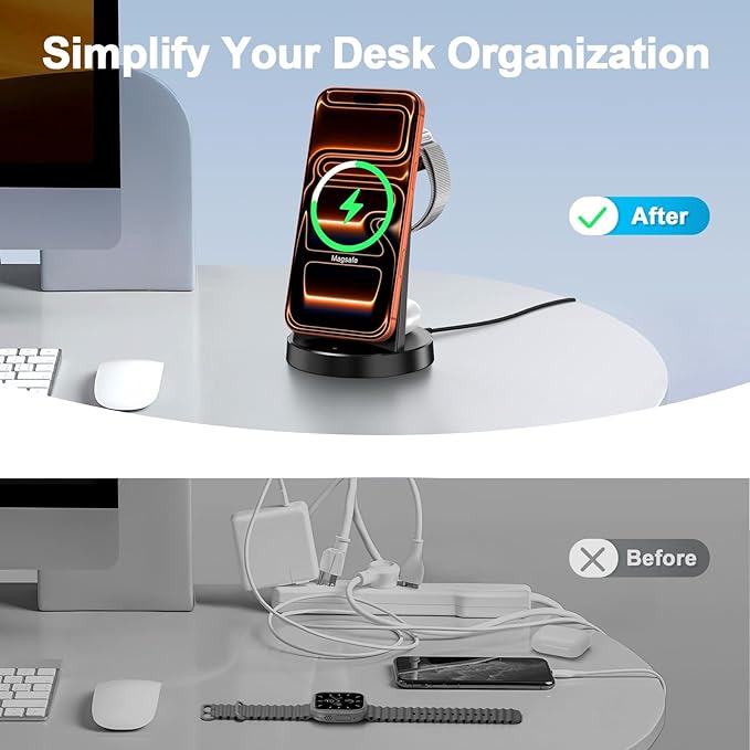 3-in-1 Magnetic Wireless Charger Stand for Apple, 15W Qi2 Fast Charging Station for iPhone 17 16 15 14 13 Pro Max, AirPods, Watch-Desktop Stand with Sleep-Friendly Light, Ideal for Bedside & Desk