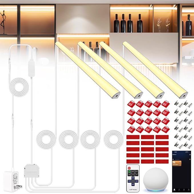 12" V-Shape Under Shelf Light Bar,Support Remote,APP & WiFi Alexa Voice Control,for Cabinet,Gun Safe,Closet,Counter,Book Shelf,Display Showcase,3000K Warm White,4Pack