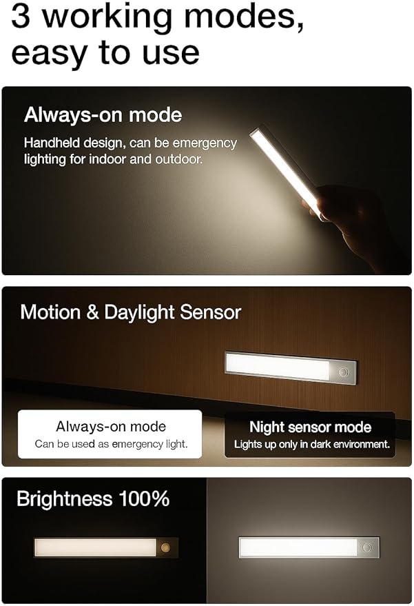 Under Cabinet Lighting 16 Inch, 2 Pack Rechargeable LED Motion Sensor Lights, Dimmable, USB-C, 3 Color Temperature, Magnetic Wireless Closet, Kitchen, Wardrobe Lights
