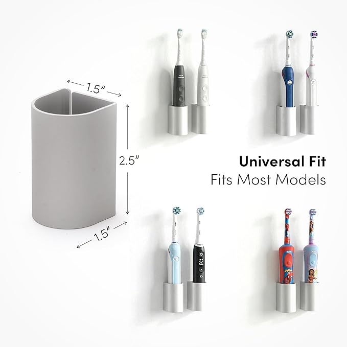 xympo Aluminum Electric Toothbrush Holder (2-Pack) – Wall Mount with Charging Cable Slot – Self Adhesive, Minimalist Design, Fits Most Electric Toothbrushes