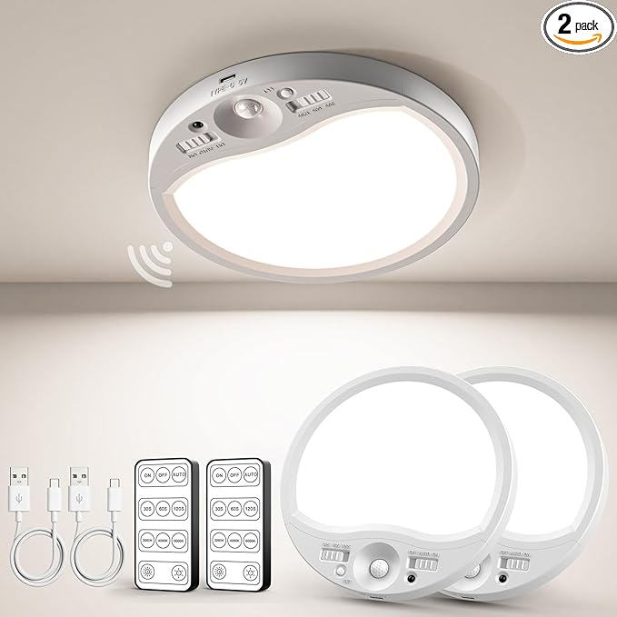 TANBABY 8000mAh Motion Sensor Ceiling Light with Remote, 3CCT Magnetic Battery Operated, 7'' Ultra Slim, Adjustable Timer 30/60/120s for Closet, Hallway, Stairs, Entryway, Pantry, Garage（2 Pack）