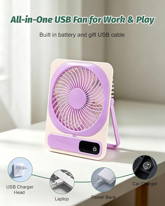 Portable Folding Desk Fan, 5-Speed Quiet Personal Fan w/180° Adjustable Stand & Strong Airflow, 2000mAh Rechargeable Battery Operated Small Fan for Home Office Travel, Tabletop or Hanging Use