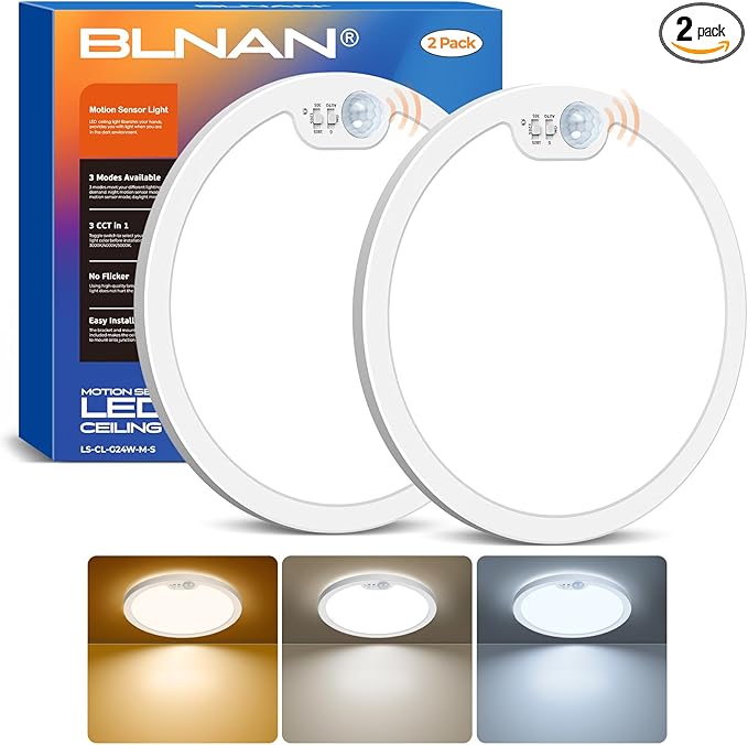 BLNAN 2Pack Motion Sensor LED Ceiling Light, 12 Inch Wired Flush Mount Ceiling Light 3000K 4000K 5000K, Motion Activated Light with Timer for Hallway Stair Walk-in Closet, Non-Dimmable