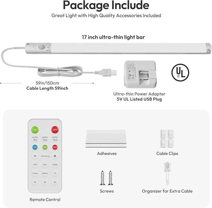 BLS 0.3" Ultra Thin Motion Sensor Under Cabinet Lights Plug in, 400LM 3 Color Dimmable LED Light Bar with Remote, USB Wired Under Counter Lighting for Kitchen Desk Shelf Workbench (No Battery), 17inch