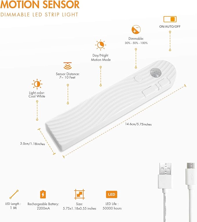 Sensky Motion Sensor Strip Lights Rechargeable Motion Activated LED Strip Light Dimmable Cabinet Light Strip for Wardrobe, Cabinet, Pantry, Closet(1M, Cool White)