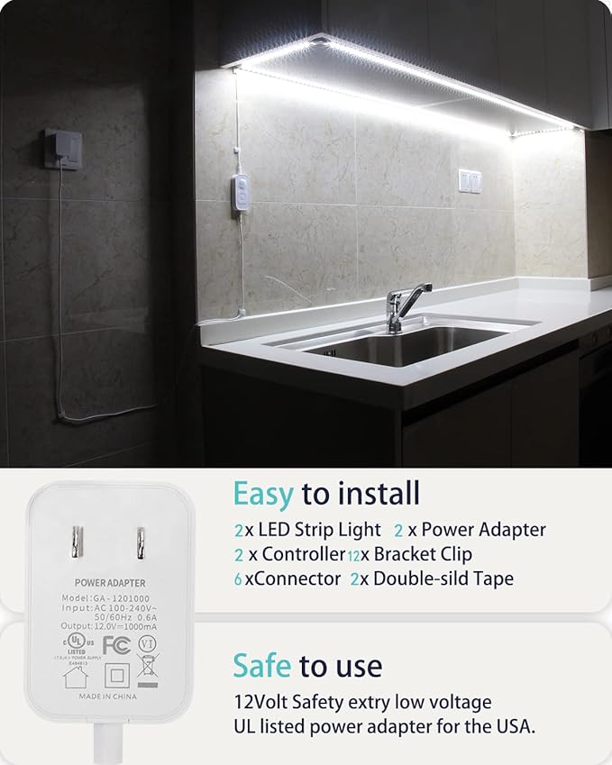 DGD Under Cabinet Lights - Plug-in Motion Sensor LED Strip Lights Indoor with UL FCC Approved Adapter, Dimmer and Timer for Kitchen Cabinet, Stairway, Bedroom 2 Pack