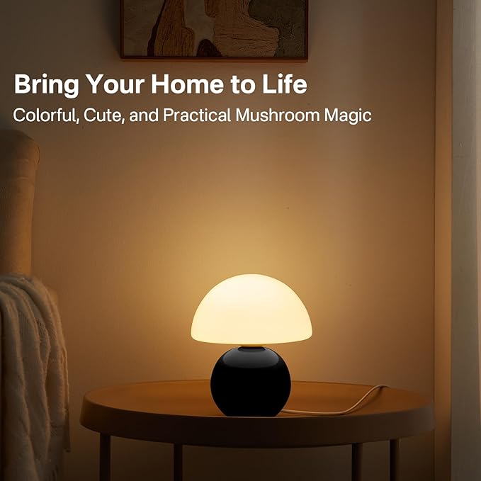 Dawnwake Mushroom Lamp Table Lamp for Bedroom,Desk Bedside Small Lamps for Living Room Night Stands,Mushroom Decor Cute Mini Modern Mid Century Lamps,Unique Aesthetic Home Living Room Decor(Black)
