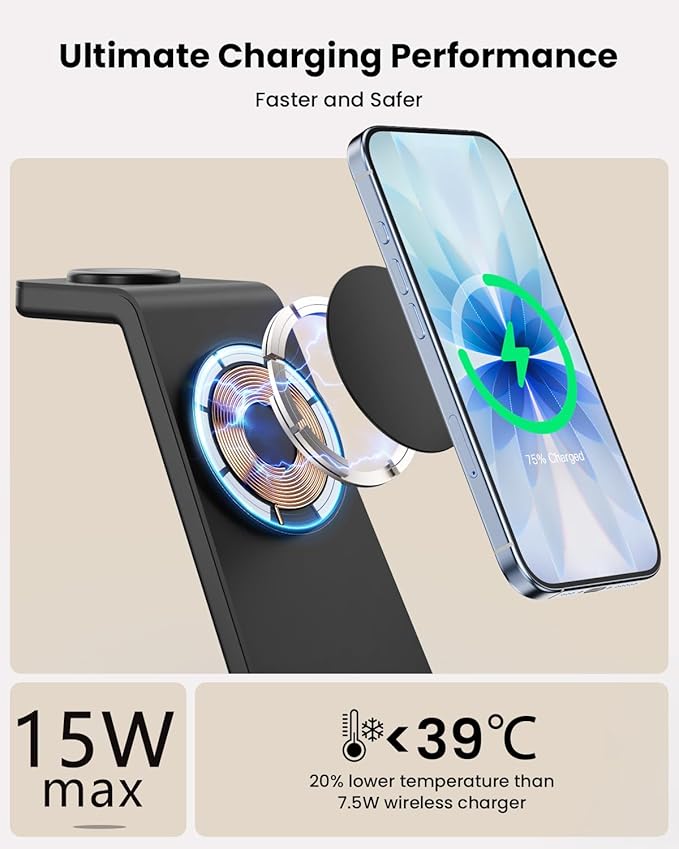 Magsafe Wireless Charging Station for iPhone: 3 in 1 15W Magnetic Portable Desktop Charging Station for iPhone17/16/15/14/13/12 Series, Apple Watch, AirPods 4/3/2/Pro