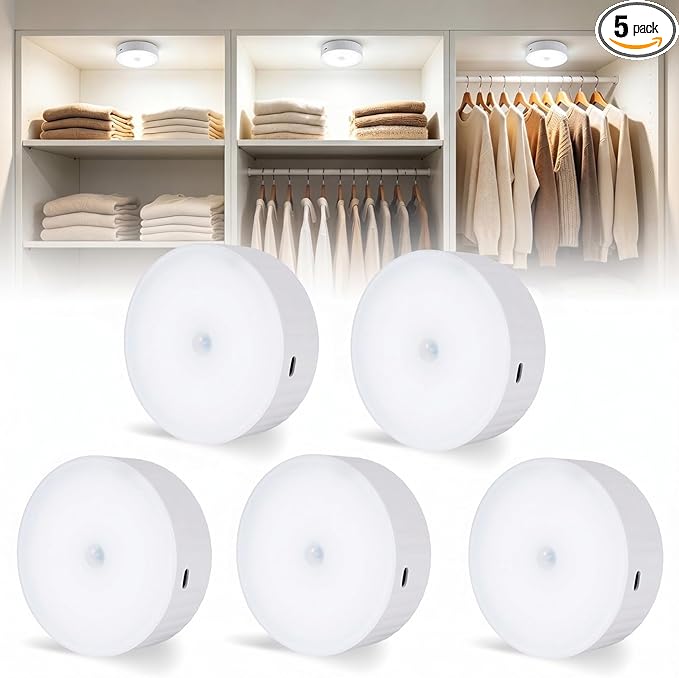 Under Cabinet Lighting 5Pack, 3.5" Wireless Closet Lights, 2000mAh Rechargeable Puck Lights, Motion Sensor Light Indoor, Magnetic Under Counter Lights for Kitchen, Pantry, Stairs (Cool White)