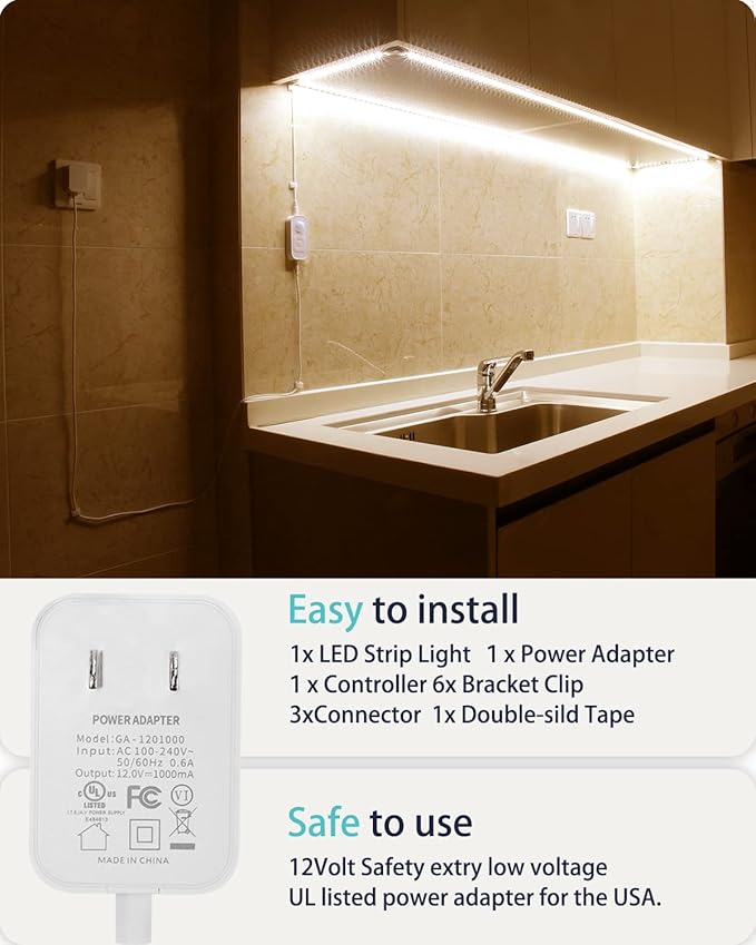DGD Under Cabinet Lights - Plug-in Motion Sensor LED Strip Lights Indoor with UL FCC Approved Adapter, Dimmer and Timer for Kitchen Cabinet, Stairway, Bedroom 2 Pack
