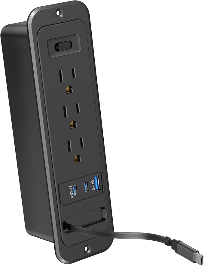 Recessed Power Strip with Retractable USB C Cable,2 PD 65W USB C Fast Charging,Flush Mount Countertop Drawer Outlet, Furniture Hidden Outlet for Side Table,End Table,3 Outlets (Black, 6FT-65W)