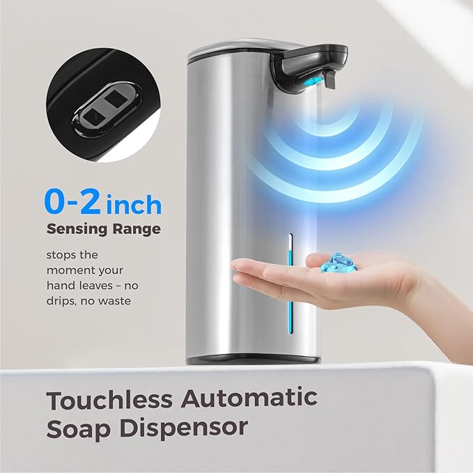 Sineng Automatic Soap Dispenser Touchless, 304 Stainless Steel Liquid Hand Soap Dispenser, 8.5oz/250ml 2 Adjustable Levels Water-Resistant and Rechargeable Kitchen Bathroom Soap Dispenser