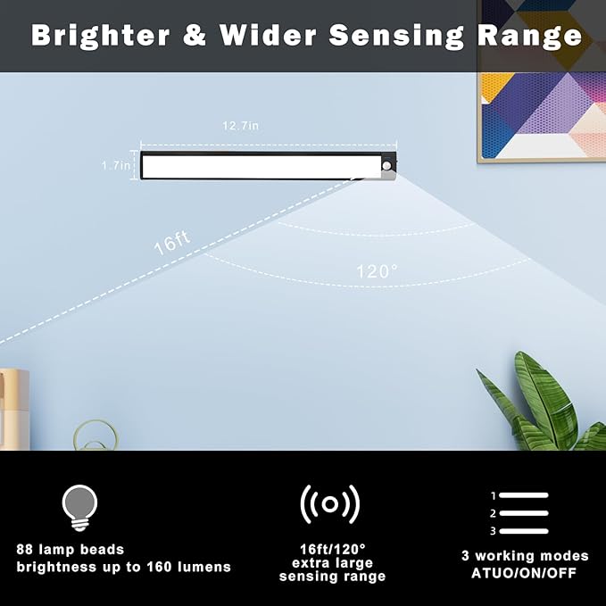 68 LED Motion Sensor Under Cabinet Lights, 3 Color Temps Indoor Dimmable Closet Light, Rechargeable Wireless Magnetic Strip Lights Night Light for Hallway, Stairway, Drawers, Wardrobe(2 Pack, 10 inch)