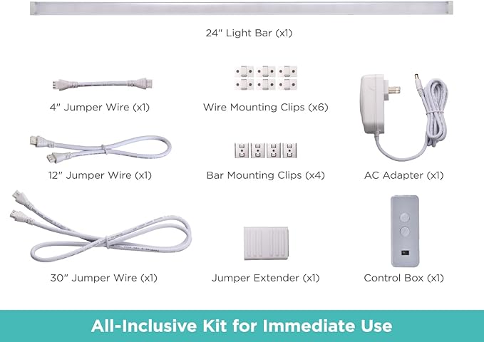 PureOptics LED Under Cabinet Light Kit, Motion Sensor, Dimmable, Linkable, 3 Color Settings, Tool-Free, Utility Light, Closets, Garage, Pantry, (1) 24" Bars