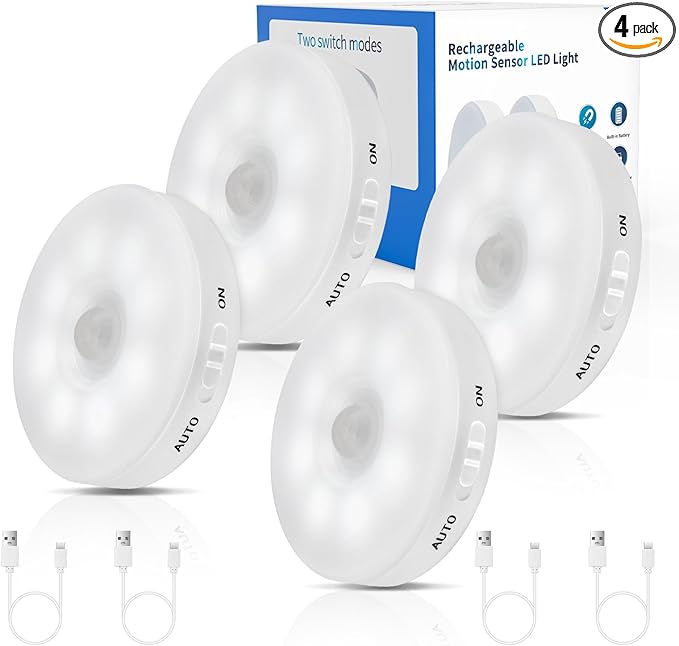 Improved LED Rechargeable Motion Sensor Light Indoor, Bright & Long-Lasting Battery, Stick-On Motion Sensor Puck Night Lights for Closet, Cabinet, Kitchen, Hallway, Stairs - Cool 4Pack