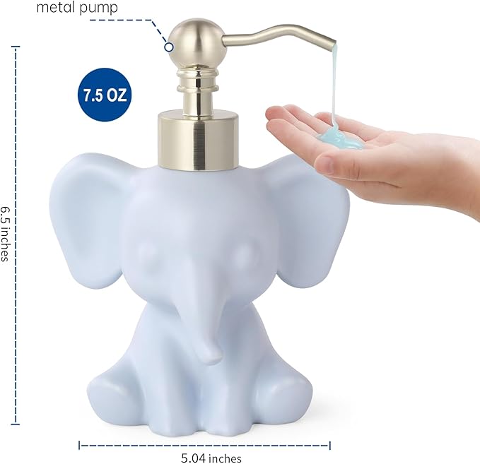 Cute Elephant Shape Soap/Hand Sanitizer Metal Pump Dispenser, Refillable for Bathroom Accessories, Gifts for Kids (Matt Blue)
