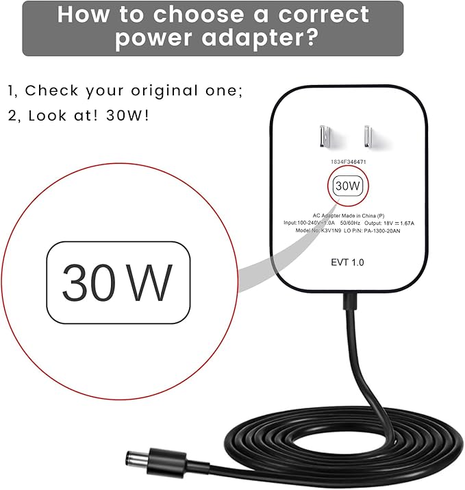 30W Power Cord Adapter Replacement for Echo Show 8 3rd Gen., Show 10 3rd Gen., Show 15, Show 21, Echo 3rd/4th Gen. - Black Wall Charger Cable, 5ft