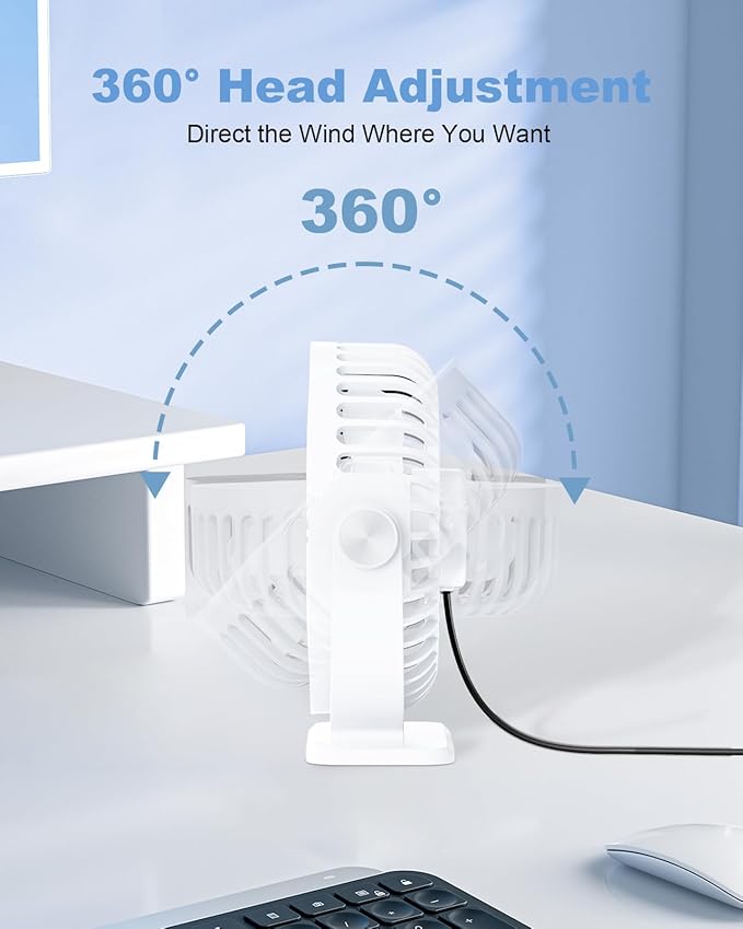 TriPole Desk Fan USB Powered Mini Portable Fan, 3 Speeds Adjustable Strong Breeze Personal Desktop Fans, 360° Rotation Quiet Plug In USB Fans for Bedroom Office Table Travel Cruise, White, 4.9ft Cable