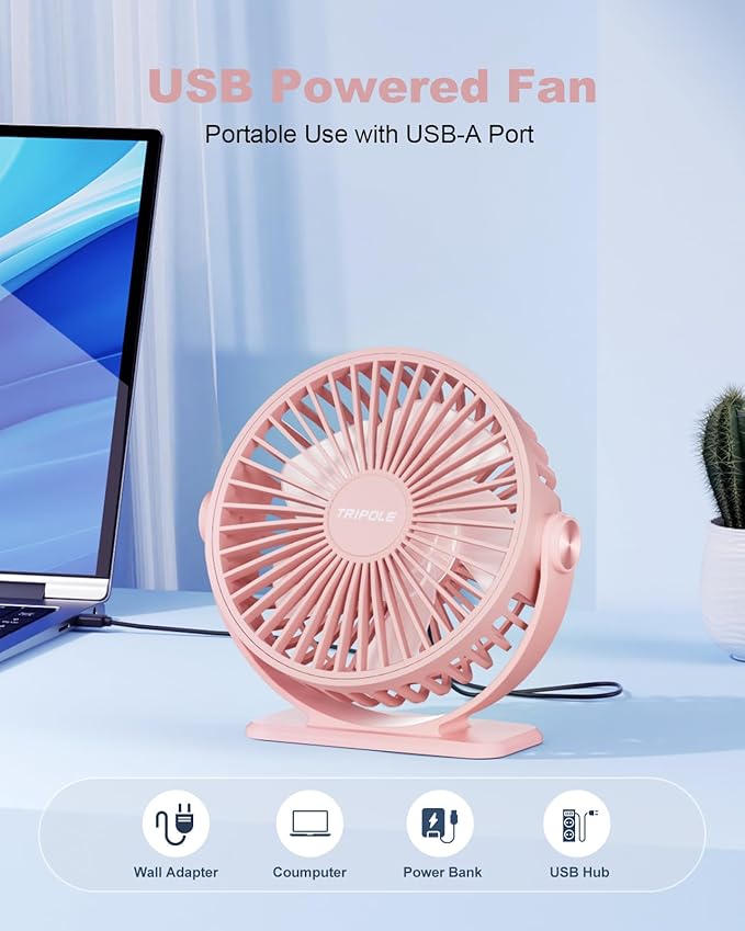 TriPole USB Desk Fan Mini Portable Personal Fan, 3 Speeds Adjustable Strong Breeze Small Electric Fan, 360° Rotation Quiet Plug In USB Fan for Desktop Bedroom Office Table Travel Cruise, Pink, 4.5in