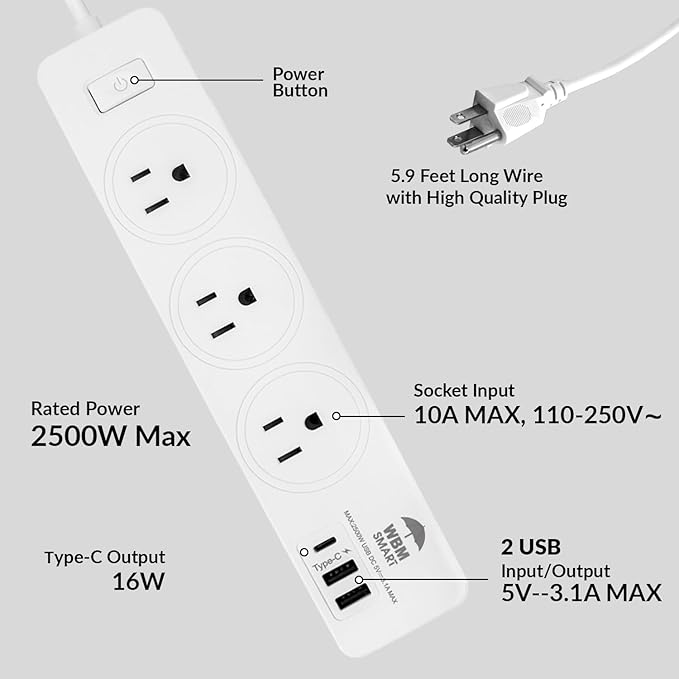 WBM Smart Power Strip 5.9 ft 10 A, Extention Cord Socket with 2 USB Ports and 1 Type C Plug, ETL Certified, Multi Outlet Extender for Home, Office, and Dorm Room
