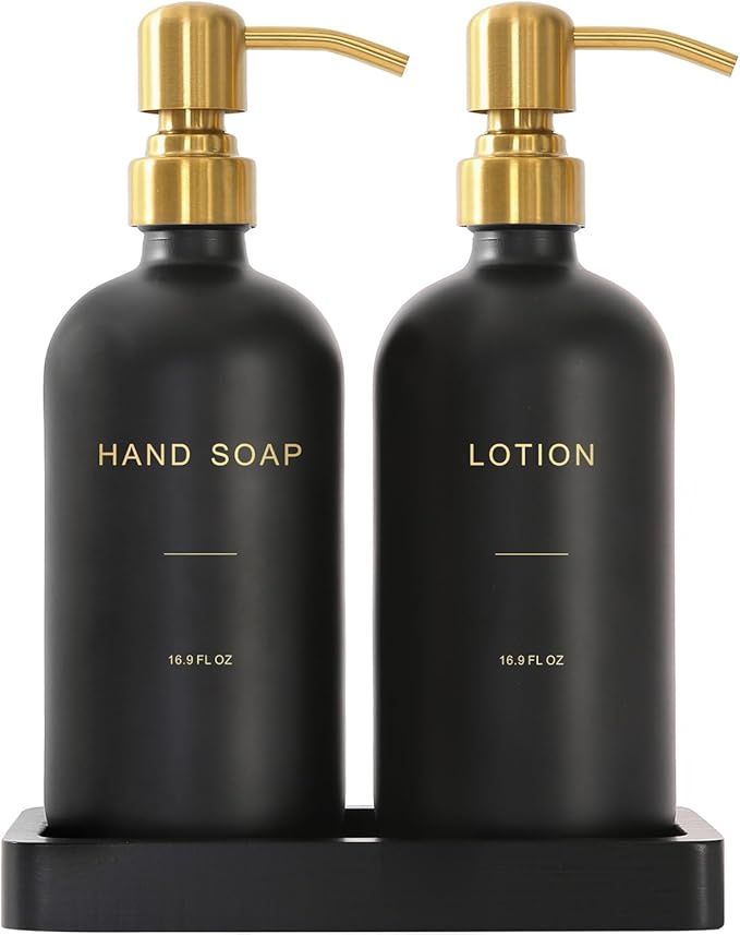 Prus Waso Soap Dispenser Bathroom Set, Hand and Lotion Dispenser with Stainless Steel Pump, Perfect for Black and Gold Bathroom Decor. (Gold & Black)