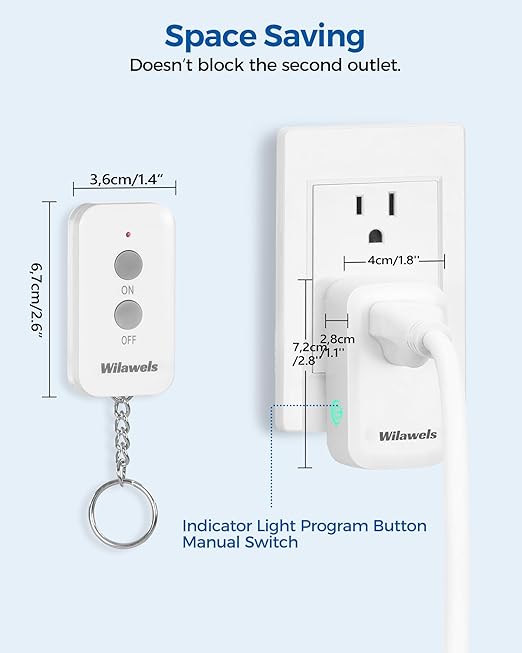 Remote Control Outlet Plug Wireless On Off Power Switch, WILAWELS Wireless Remote Light Switch for Lamp, Light, Fan, Programmable, Compact, 100ft RF Range, FCC Listed, Battery Included W02RC1106