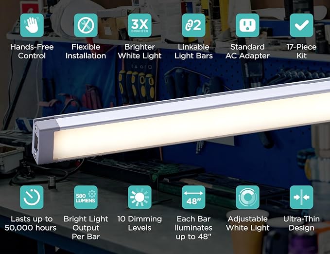PureOptics LED Under Cabinet Light Kit, Motion Sensor, Dimmable, Linkable, 3 Color Settings, Tool-Free, Utility Light, Closets, Garage, Pantry, (1) 24" Bars