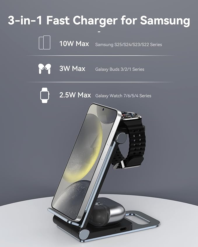 Wireless Charger for Samsung 3 in 1 Wireless Charging Station Foldable Wireless Charger Stand for Samsung S26 S25 Ultra S24 S23 S22 S21 / Z Flip/Z Fold Series for Galaxy Watch 8/7/6/5/4/ Galaxy Buds