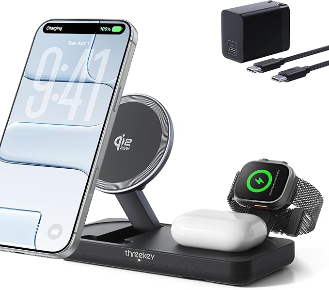 THREEKEY 3 in 1 Qi2 Charger for MagSafe, 25W Wireless Charging Station with MFi-Certified Apple Watch Module for iPhone 17/16/15/14/13/12, AirPods, Pixel 10 Pro XL, 45W Adapter