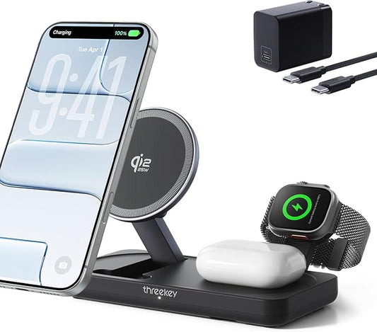 THREEKEY 3 in 1 Qi2 Charger for MagSafe, 25W Wireless Charging Station with MFi-Certified Apple Watch Module for iPhone 17/16/15/14/13/12, AirPods, Pixel 10 Pro XL, 45W Adapter