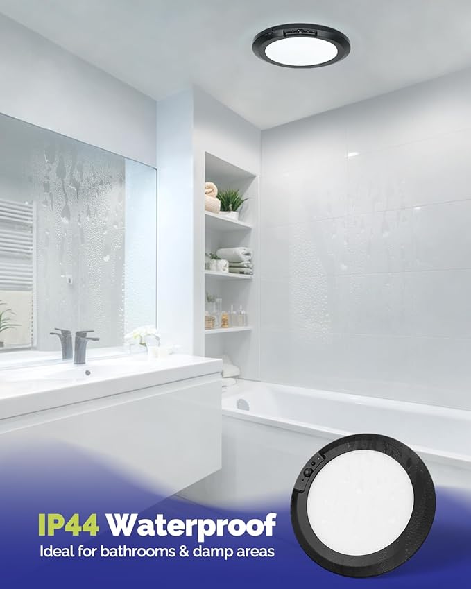 10,000mAh Rechargeable Ceiling Light with Remote, Wireless Waterproof Shower Lights 3000K/4000K/6000K, Battery Powered Light for Closet Battery Operated, Motion Sensor Lights No Wiring, Black