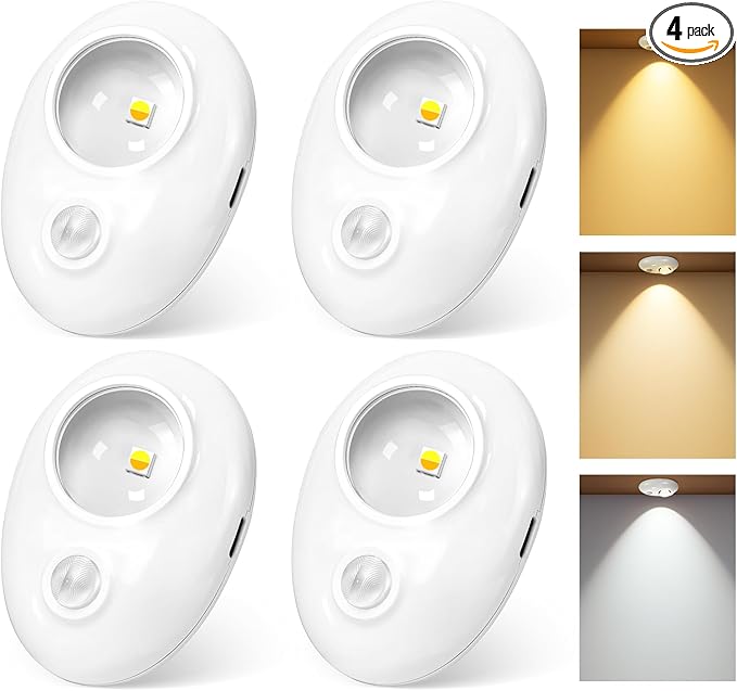 LED Motion Sensor Puck Lights, 3 Color Temps Dimmable Cabinet Light, Wireless Rechargeable Battery Operated Puck Lights, USB Magnetic Closet Light for Drawer, Shelf (4 Pack)