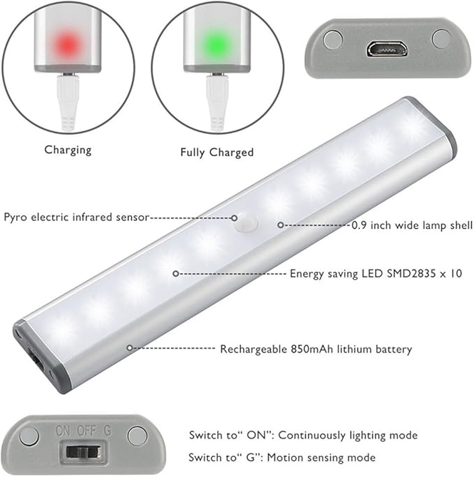 RXWLKJ Stick-on Anywhere Portable Little Light Wireless LED Under Cabinet Lights 10-LED Motion Sensor Activated Night Light Build in Rechargeable Battery Magnetic Tap Lights for Closet, Cabinet