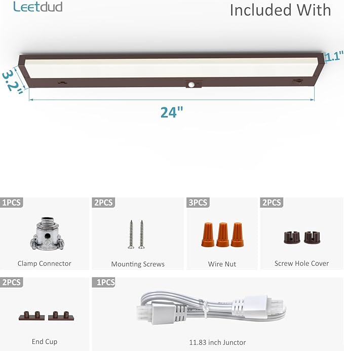 Leetdud Under Cabinet Lighting Motion Sensor Hardwired, 24 Inch 12W Dimmable, 5 CCT 2700/3000/3500/4000/5000K, Eyes Care Design Linkable Under Counter Lights for Kitchen, Sink, ETL Listed, Bronze
