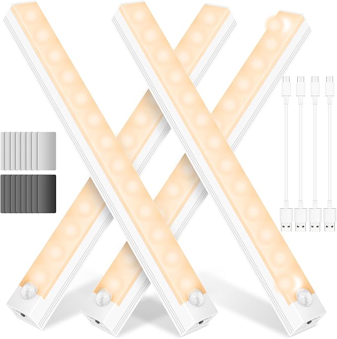 Under Cabinet Lights - Motion Sensor Light Indoor for Pantry, Closet, Kitchen, Bathroom - Battery Operated Magnetic Cabinet Lighting with Auto Off-4 Pack (Warm Light)