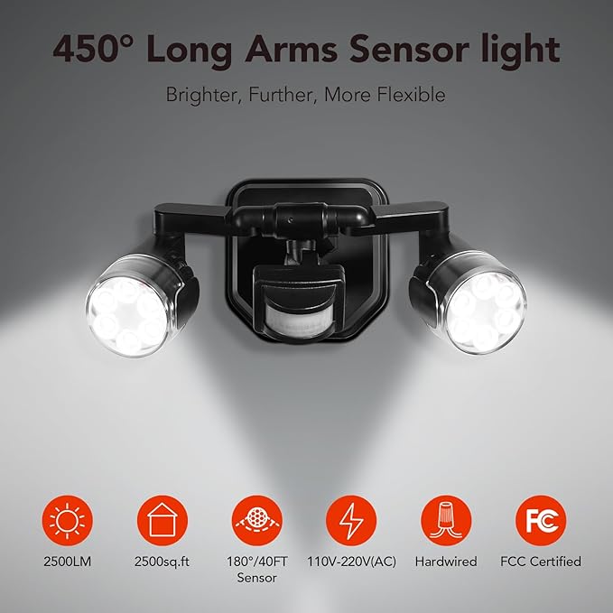 OREiN Outdoor Motion Sensor Security Light, 450° Adjustable 3-Head Floodlight, 2500 Lumens Bright Hardwired Dusk to Dawn Light, IP65 Waterproof, Black