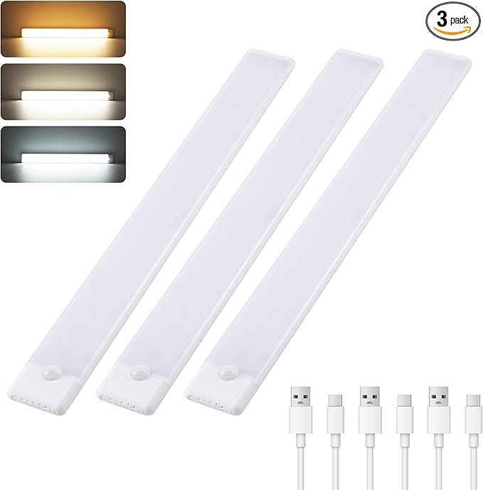 Wireless Under Cabinet Lighting 12 Inch 3 Pack, 1500mAh Magnetic Motion Sensor Light USB C Rechargeable Closet Lights, 3 Color Dimmable LED Night Light Stick on Under Counter Lights for Kitchen Stairs